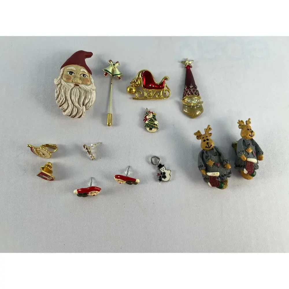 VTG Christmas Jewelry Lot Pins Brooches Earrings Pendants Craft Holidays Santa